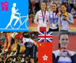 Puzzle Keirin της Γυναίκας παρακολουθείτε ποδηλασία πόντιουμ, Victoria Pendleton (Ηνωμένο Βασίλειο), Guo Shuang (Κίνα) και Lee Wai-Sze (Χονγκ Κονγκ) - London 2012-